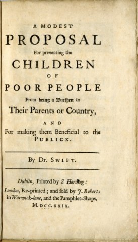 Original cover of Jonathan Swift's "A Modest Proposal" image credit: Public Domain