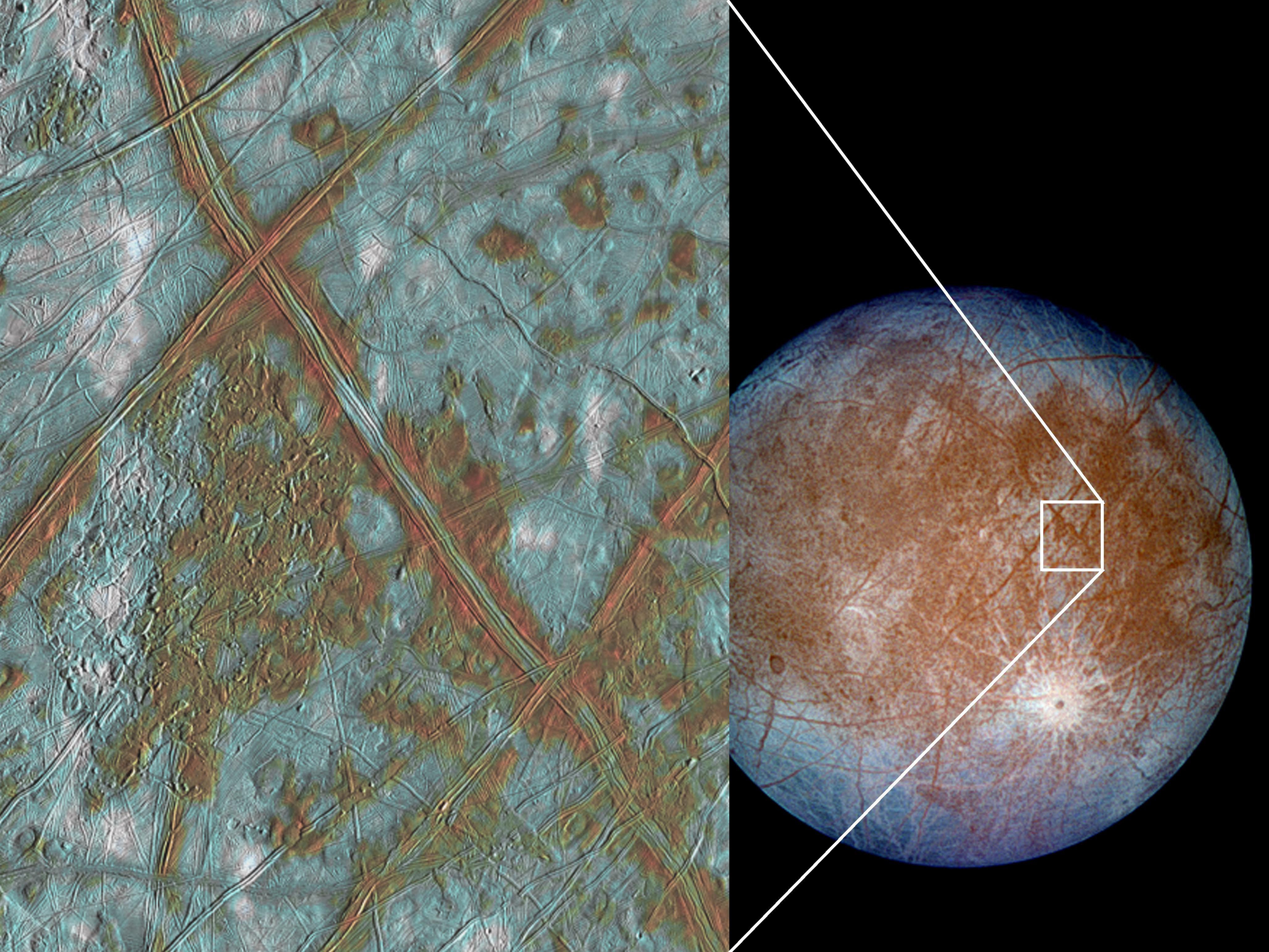 The image on the left shows a region of Europa's crust made up of blocks which are thought to have broken apart and "rafted" into new positions. These features are the best geologic evidence to date that Europa may have had a subsurface ocean at some time in its past. image credit: NASA/JPL/University of Arizona