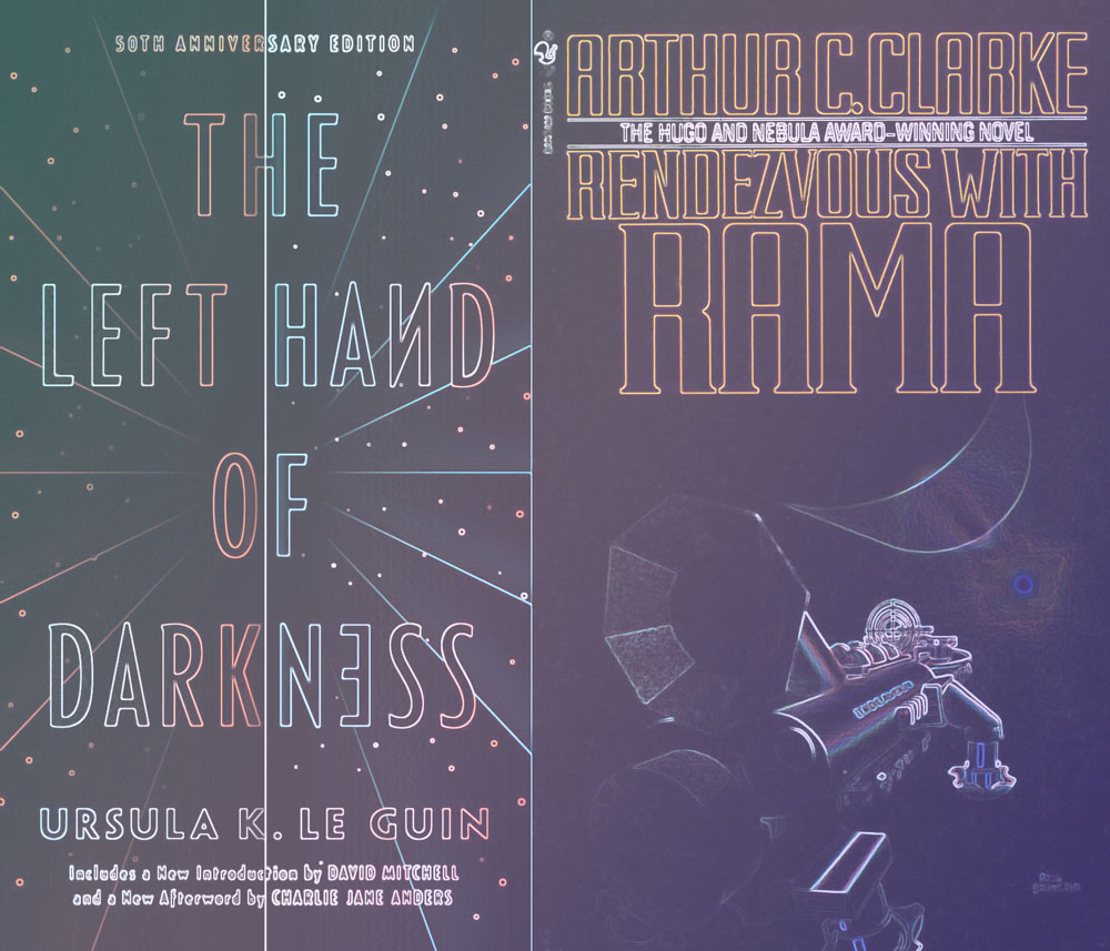 Stylized covers of _Rendezvous with Rama_ and _The Left Hand of Darkness_ image credit: Oxygen Leaks
